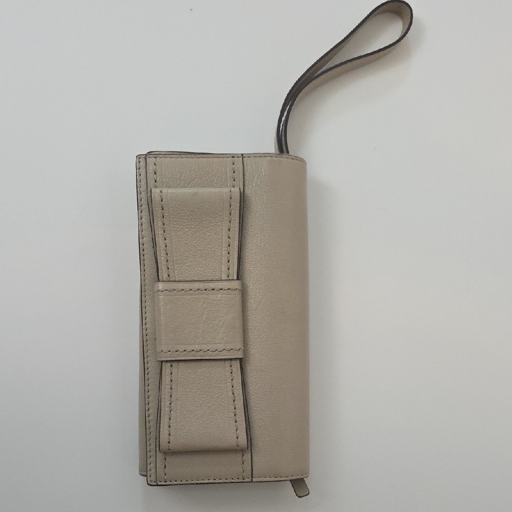 Beige Leather Wristlet with Bow Detail